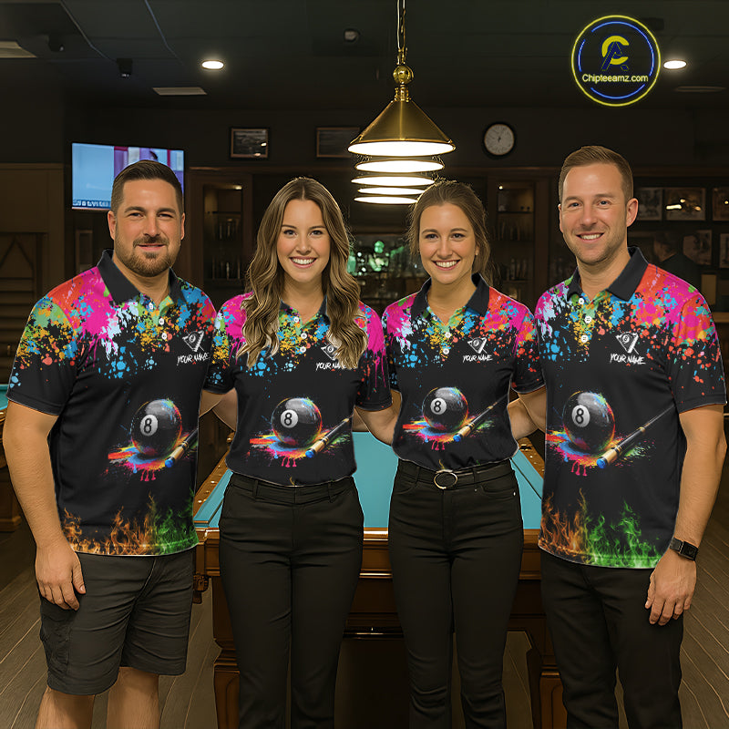 Colorful Paint & Flame 8 Ball Billiard Shirt For Men Personalized Cue Billiard Team Shirt NYN2334