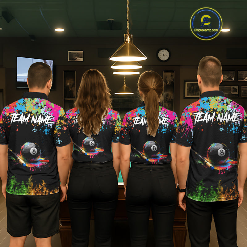 Colorful Paint & Flame 8 Ball Billiard Shirt For Men Personalized Cue Billiard Team Shirt NYN2334