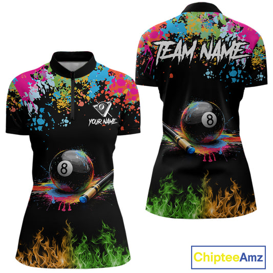 Colorful Paint & Flame 8 Ball Billiard Shirt For Women Personalized Cue Billiard Team Shirt NYN2334