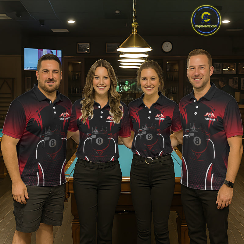 Black & Red 8 Ball Crown Men's Billiard Polo & 1/4 Zip Shirt Custom Billiard Team Jersey NYN2344