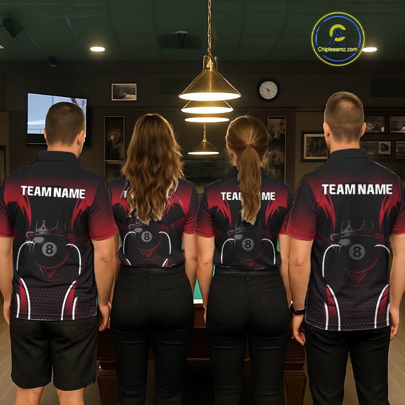 Black & Red 8 Ball Crown Men's Billiard Polo & 1/4 Zip Shirt Custom Billiard Team Jersey NYN2344