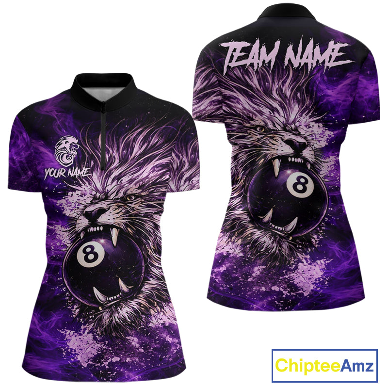 Purple Smokes Lion Paint Pool 8 Ball Women Billiard Polo & 1/4-Zip Shirt Custom Billiard Team Attire NYN2626