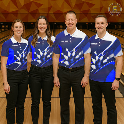 White And Blue Bowling Ball & Pins Shirt For Men Custom Polo Quarter-Zip Bowling Team Jersey NYN3674