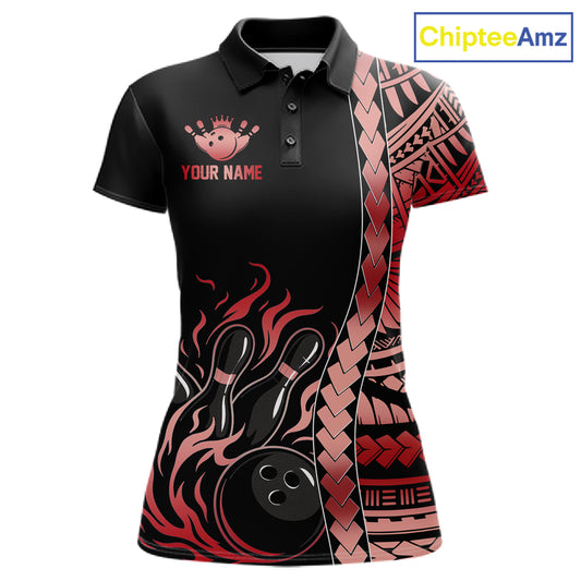 Women's black red tribal flame bowling polo, personalized bowling team shirt, custom league jersey