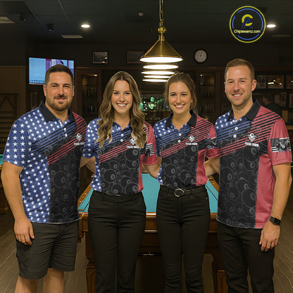 US Flag Pool 8 Ball Men's Billiard Polo & 1/4 Zip Shirt Custom Patriotic Billiard Attire NYN2362