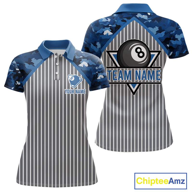 Blue Camouflage 8 Ball Pool Polo & 1/4-Zip Shirt Custom Billiard Shirts For Women Billiard Team Attire NYN2979