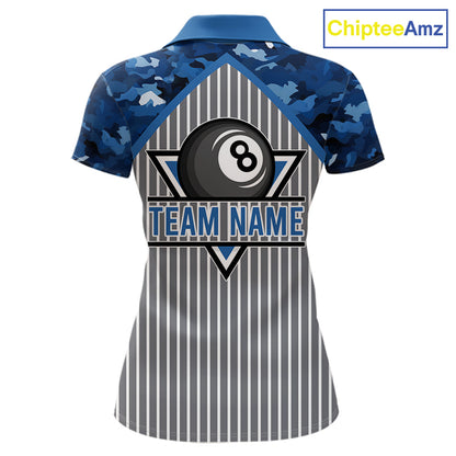 Blue Camouflage 8 Ball Pool Polo & 1/4-Zip Shirt Custom Billiard Shirts For Women Billiard Team Attire NYN2979