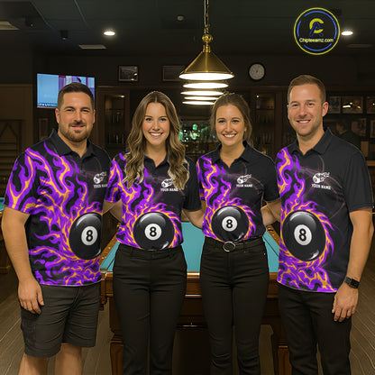 Purple & Yellow Flame 8 Ball Billiard Polo 1/4-Zip Shirt For Women Custom Flame Pool Team Jersey NYN3938