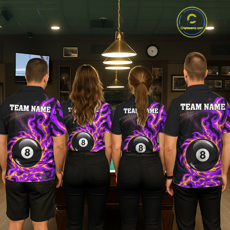 Purple & Yellow Flame 8 Ball Billiard Polo 1/4-Zip Shirt For Women Custom Flame Pool Team Jersey NYN3938