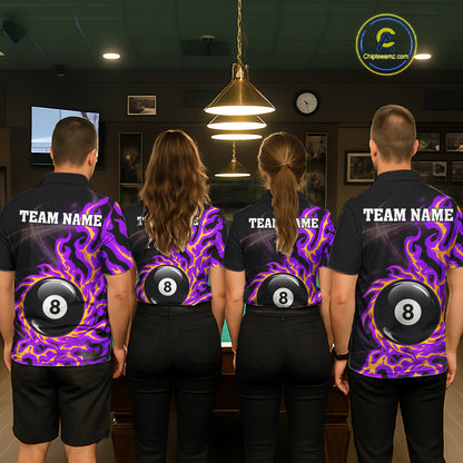 Purple & Yellow Flame 8 Ball Billiard Polo 1/4-Zip Shirt For Women Custom Flame Pool Team Jersey NYN3938