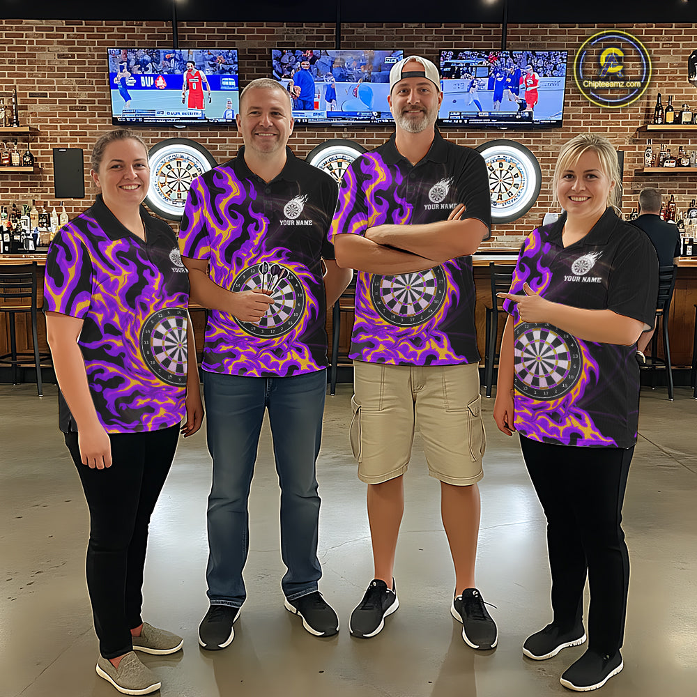 Purple & Yellow Flame Dartboard Darts Polo 1/4-Zip Shirt For Women Custom Fire Flame Dart Team Jersey NYN3939