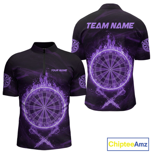 Purple Flames Dartboard & Arrow Custom Men Darts Quarter-Zip Shirt Fire Flame Dart Jerseys NYN1862