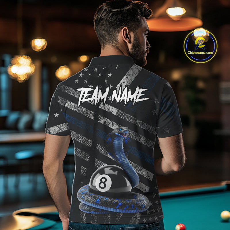 Blue Grunge Cobra 8 Ball Pool Men Billiard Polo & 1/4-Zip Shirt Custom Billiard Attire Jersey NYN2374