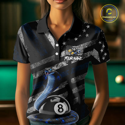 Blue Grunge Cobra 8 Ball Pool Women Billiard Polo & 1/4-Zip Shirt Custom Billiard Attire Jersey NYN2374