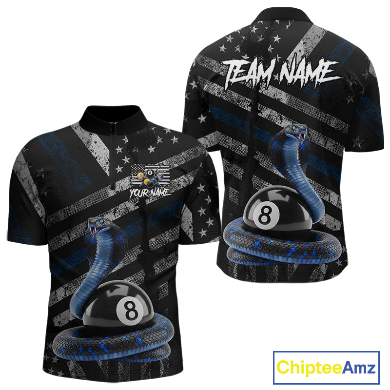 Blue Grunge Cobra 8 Ball Pool Men Billiard Polo & 1/4-Zip Shirt Custom Billiard Attire Jersey NYN2374