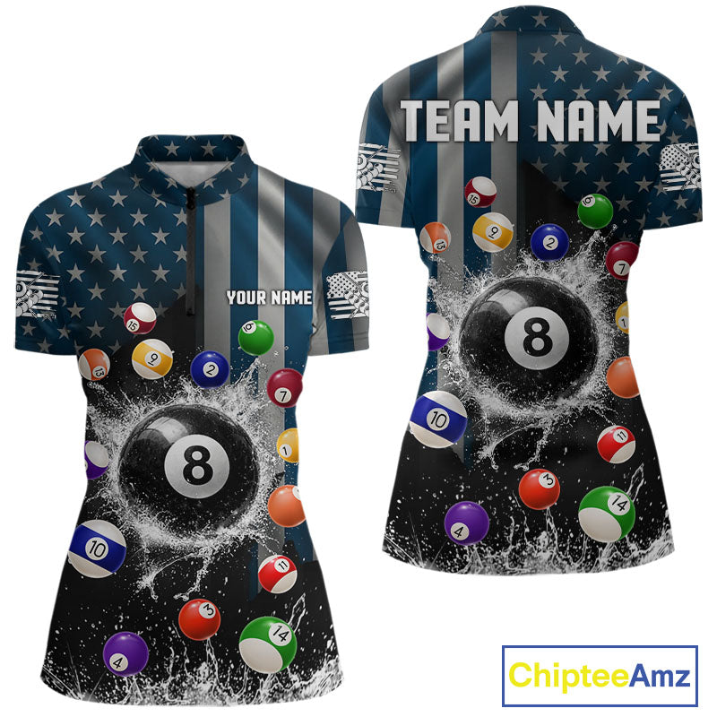 Watering 8 Ball Women Billiard Polo & 1/4-Zip Shirt Custom US Flag Pool Billiard Team Apparel NYN2384