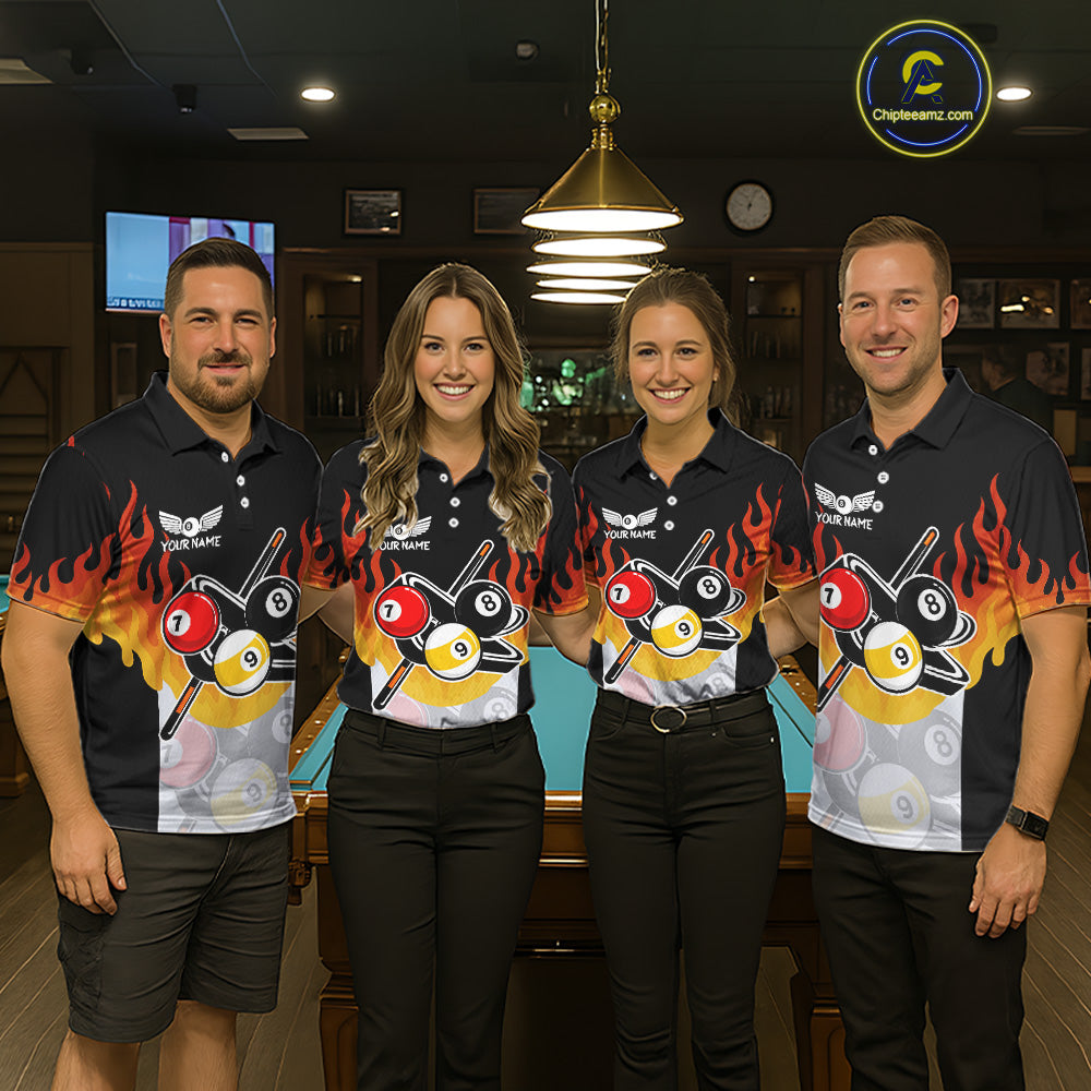 Flaming 8 Ball & 9 Ball Billiard Jerseys For Men Custom Pool Cue Billiards Team Jersey NYN2320