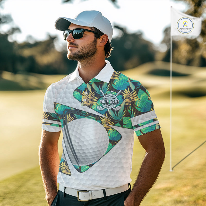 Custom Name Green Tropical Pattern Golf Mens Polo Shirt, Best White Ball Golf Clothing For Mens NYN2992