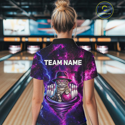 Cool Cat Funny Bowling Polo 1/4-Zip Shirts For Women Custom Galaxy Tornado Bowling Team Jerseys NYN3412