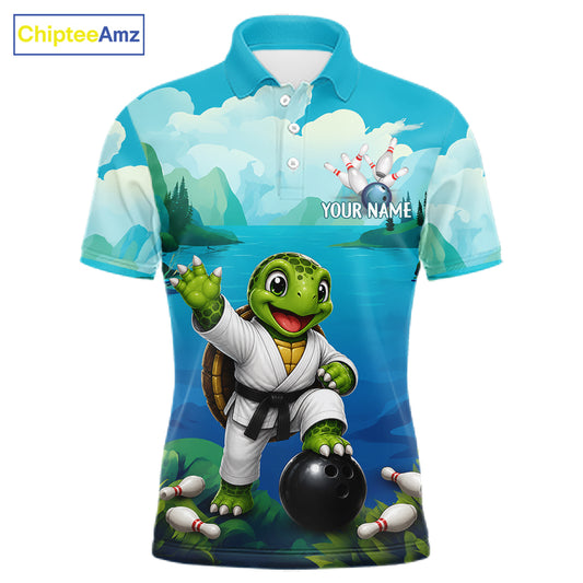 Men's bowling polo featuring funny ocean turtle with bowling graphics, personalized bowling apparel for sea turtle lovers, scuba divers, beach lovers and marine wildlife enthusiasts, symbolizing wisdom, longevity, patience and perseverance.