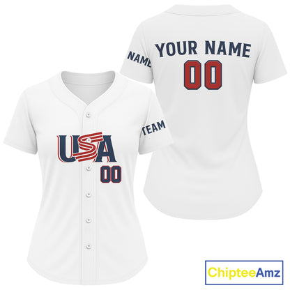 Custom Blue Red USA Flag Patriotic Baseball Shirt White Baseball Jerseys For Women NYN1578