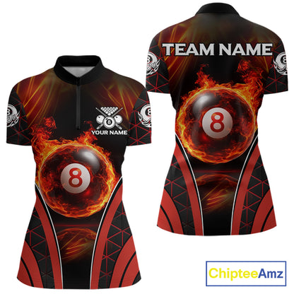 Red Flames Pool 8 Ball Women Billiard Polo & 1/4-Zip Shirts Custom Billiard Team Shirt Designs NYN2404