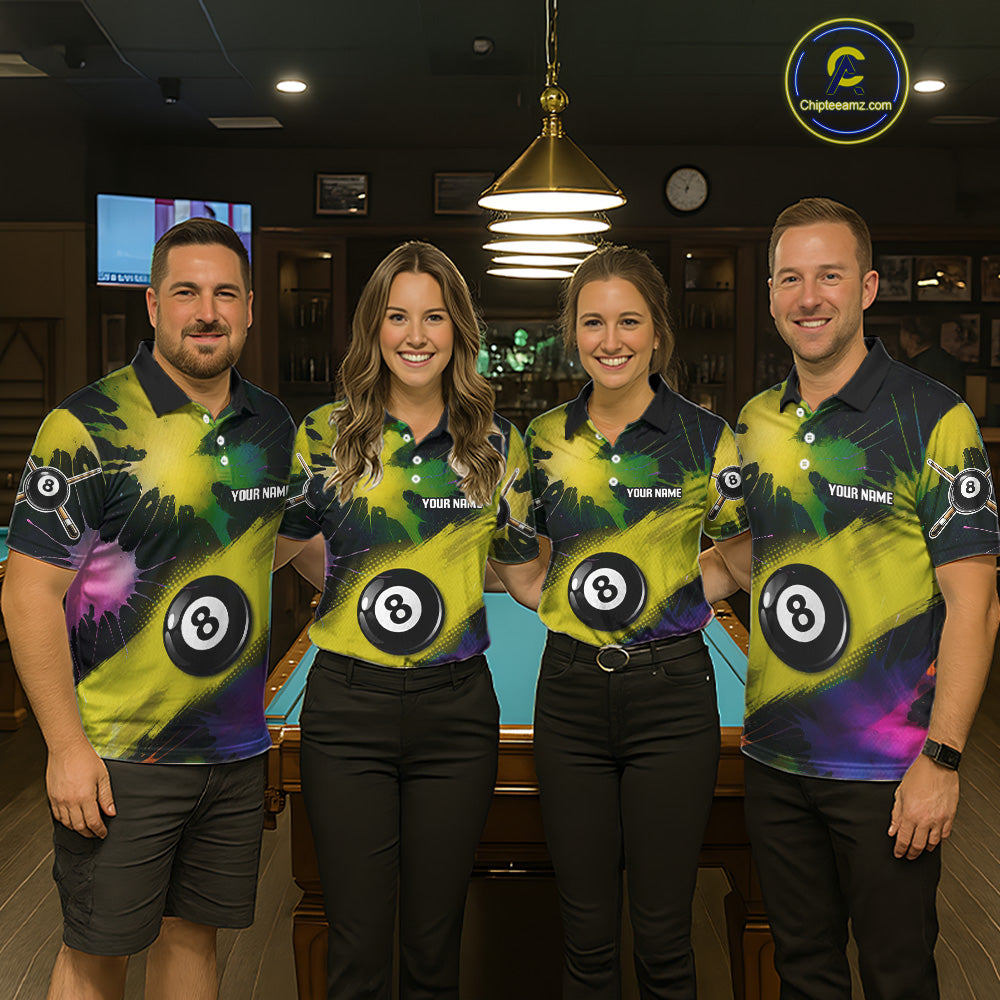 Grunge Paint Splatter Yellow Ball 8 Billiard Shirts For Men Personalized Billiard Attire Gifts NYN2790