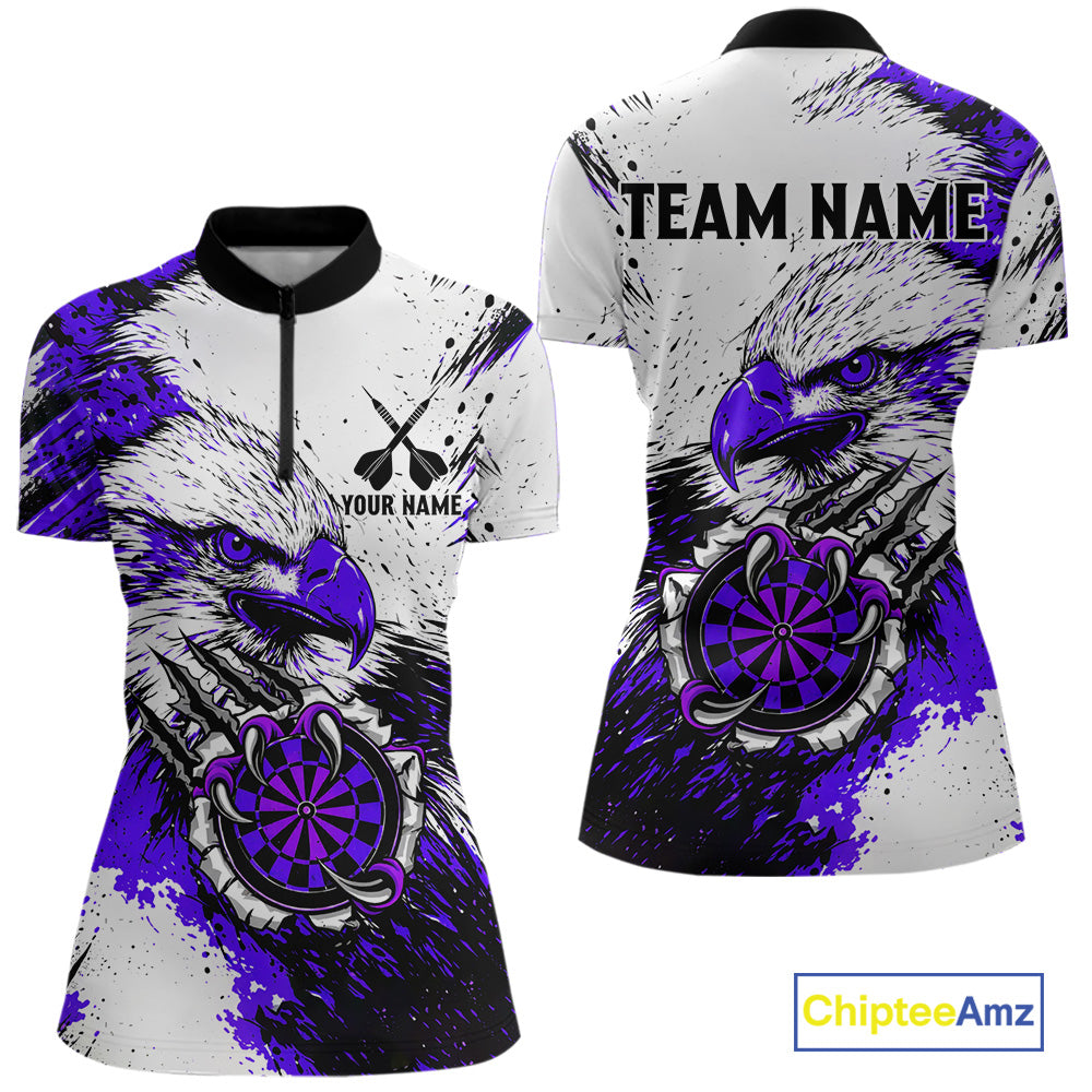 Custom Purple Grunge Eagle Scratch Dartboard Women Darts Polo & 1/4-Zip Shirts Dart Team Jerseys NYN2796