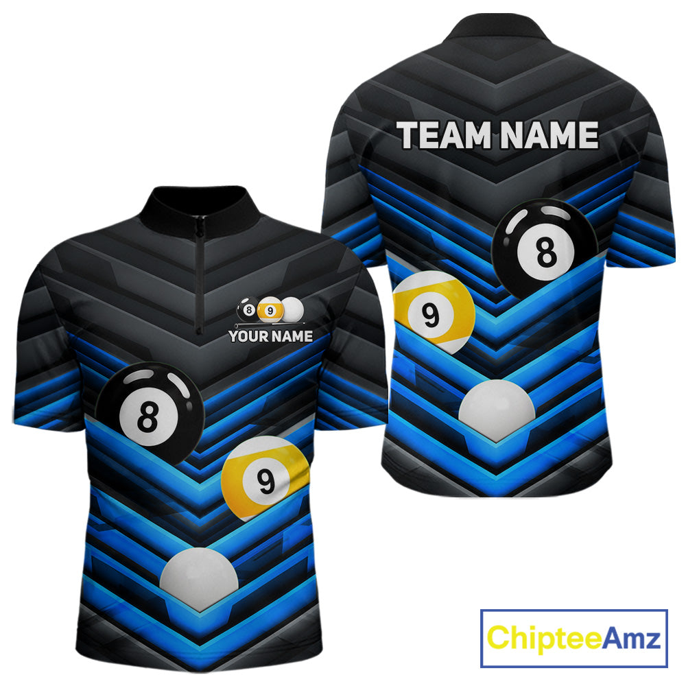 Men's Black Blue quarter zip billiards jersey, personalized pool team uniform, cue sport tournament apparel, championship league shirt