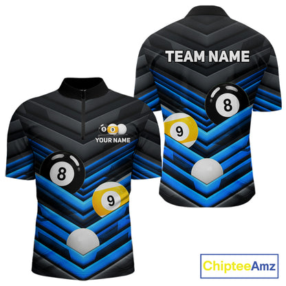Men's Black Blue quarter zip billiards jersey, personalized pool team uniform, cue sport tournament apparel, championship league shirt