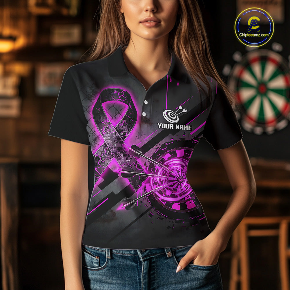 Female model wearing Lightning Pink Ribbon darts polo, custom awareness dart jersey, Breast Cancer fundraising apparel, personalized league tournament clothing, supportive athletic performance wear