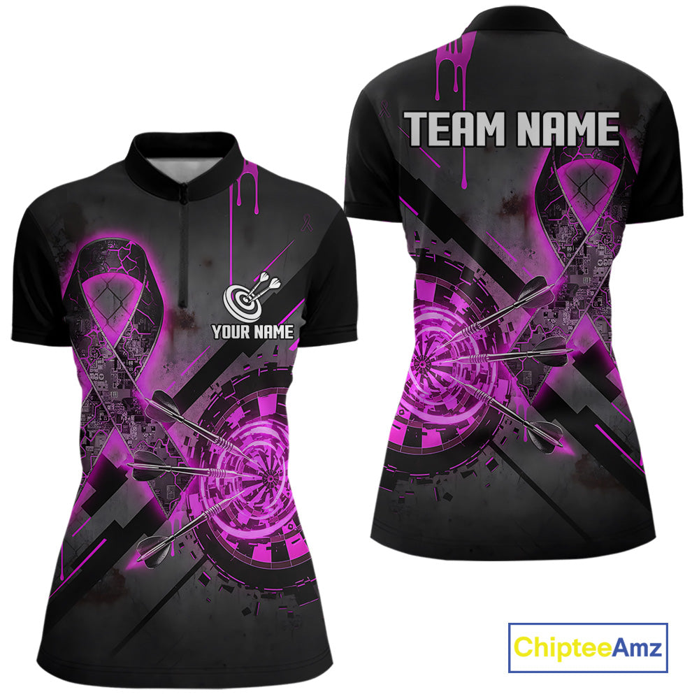 Lightning Pink Ribbon women's quarter-zip darts jersey supporting Breast Cancer Awareness, personalized charity tournament shirt, awareness league apparel, lightweight performance darts clothing