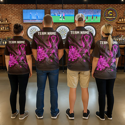 Coordinated Pink Ribbon darts team jerseys for men and women, Breast Cancer Awareness tournament uniforms, charity fundraising apparel, custom league shirts, inspirational team clothing, community event jerseys