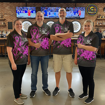 Coordinated Pink Ribbon darts team jerseys for men and women, Breast Cancer Awareness tournament uniforms, charity fundraising apparel, custom league shirts, inspirational team clothing, community event jerseys