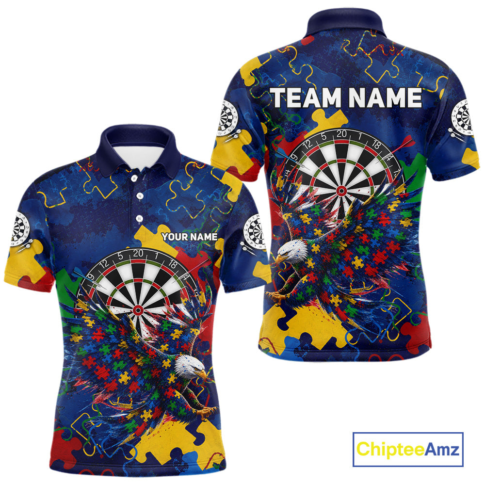 Personalized Eagle Puzzle Pieces men's darts polo with custom name, dartboard graphics, awareness tournament apparel, premium league jersey