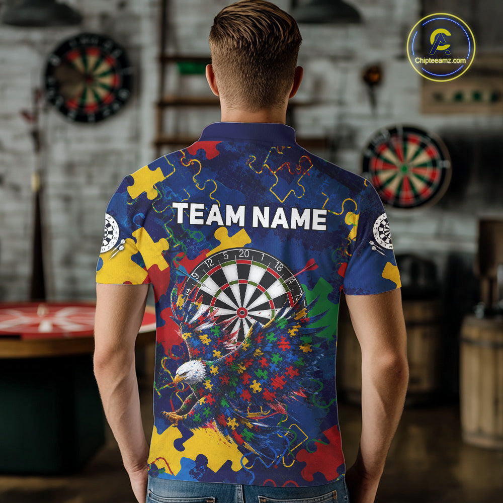 Male model wearing Personalized Eagle Puzzle darts polo, custom name tournament jersey, awareness-inspired league apparel, premium sportswear