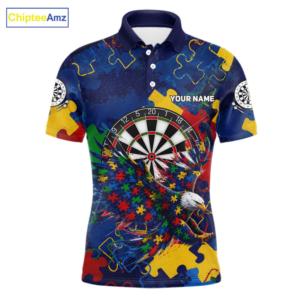 Personalized Eagle Puzzle Pieces men's darts polo with custom name, dartboard graphics, awareness tournament apparel, premium league jersey