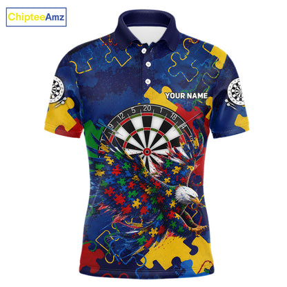 Personalized Eagle Puzzle Pieces men's darts polo with custom name, dartboard graphics, awareness tournament apparel, premium league jersey