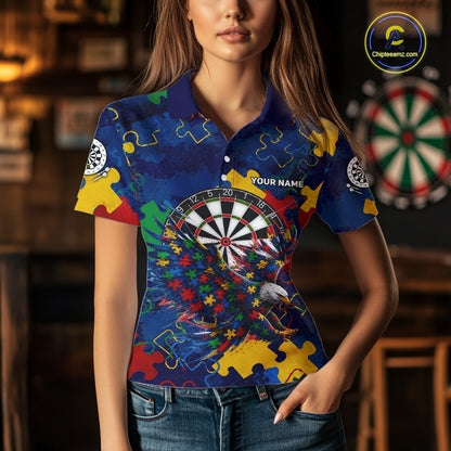 Female model wearing Personalized Eagle Puzzle women's darts polo, custom tournament jersey, personalized awareness athletic clothing, league performance apparel