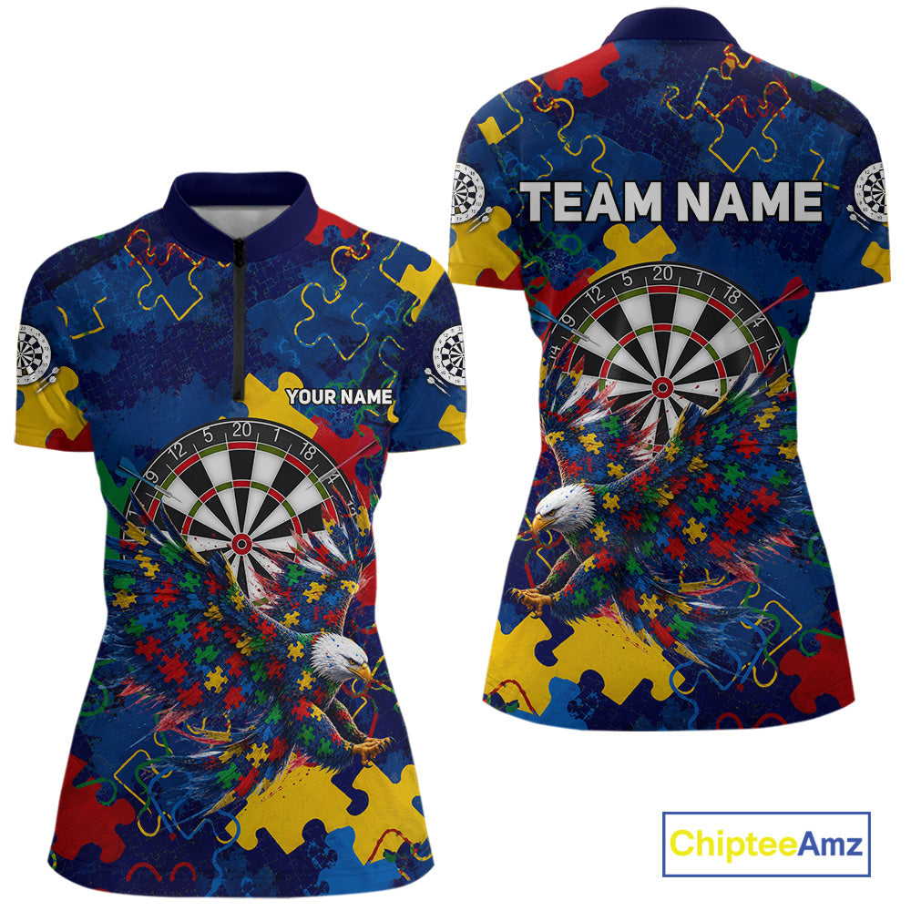 Women's Eagle Puzzle Pieces quarter-zip darts jersey featuring personalized name, dartboard artwork, awareness tournament clothing, custom athletic performance apparel