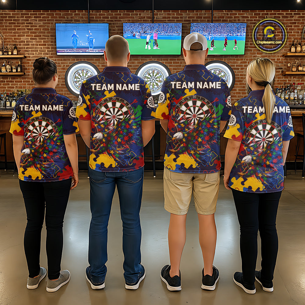 Personalized Eagle Puzzle darts team jerseys for men and women, custom name tournament uniforms, awareness-inspired league apparel, matching championship team clothing