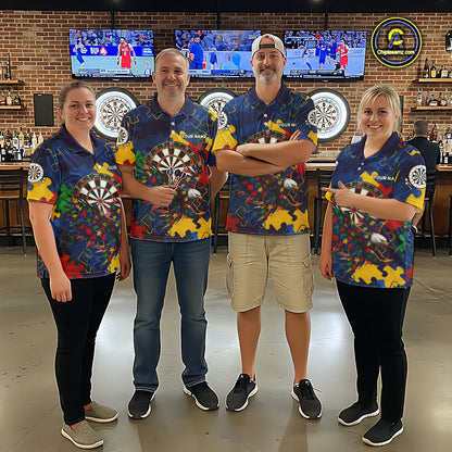 Personalized Eagle Puzzle darts team jerseys for men and women, custom name tournament uniforms, awareness-inspired league apparel, matching championship team clothing
