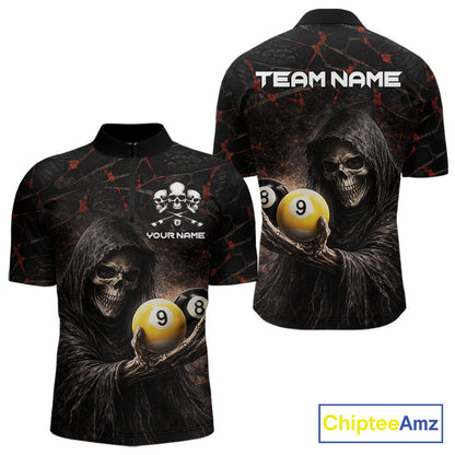 Red Grunge Grim Reaper Hold 8 Ball & 9 Ball Pool Men Billiard Shirt Custom Billiard Team Attire NYN2639
