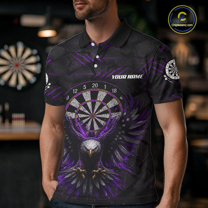 Male model wearing Purple Grunge Eagle Darts Polo, Custom Tournament Jersey, Personalized Dart Team Uniform