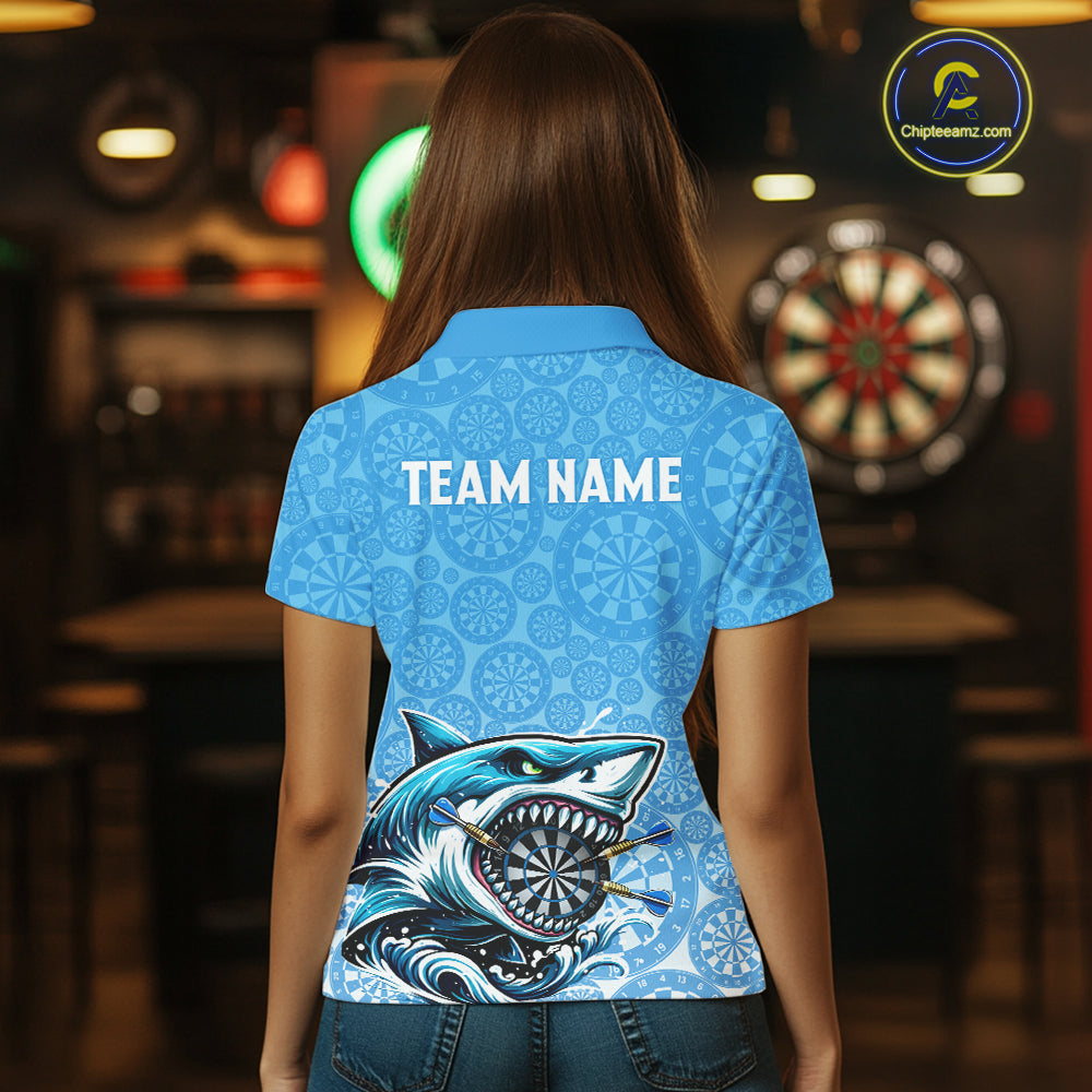 Blue Ferocious Shark Dartboard & Arrow Women  Darts Polo Shirt Custom Funny Dart League Shirt NYN2647