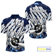 Load image into Gallery viewer, Blue and white grunge bowling ball and pins shirt for men custom bowling team jersey
