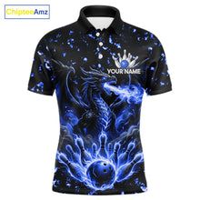 Load image into Gallery viewer, Fire flame dragon bowling polo quarter zip shirt for men blue bowling team jersey