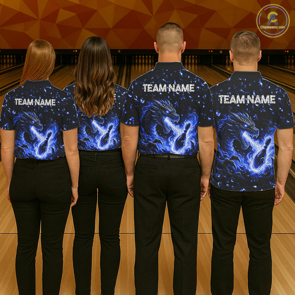 Fire Flame Dragon Bowling Polo Quarter Zip Shirts For Women Custom Team Bowling Jerseys | Blue NYN3451