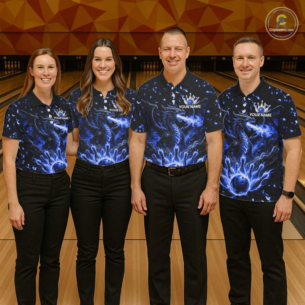 Fire Flame Dragon Bowling Polo Quarter Zip Shirts For Women Custom Team Bowling Jerseys | Blue NYN3451