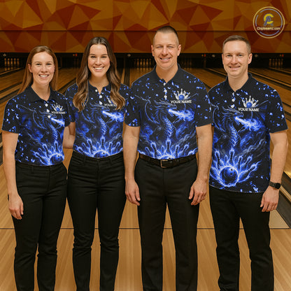 Fire Flame Dragon Bowling Polo Quarter Zip Shirts For Women Custom Team Bowling Jerseys | Blue NYN3451